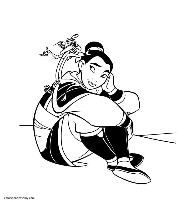 Desenho de Mushu com Mulan para colorir