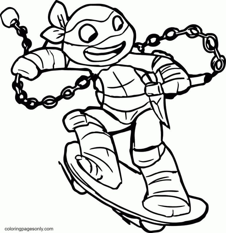 Ninja Turtles use Manriki and Skateboard Coloring Page