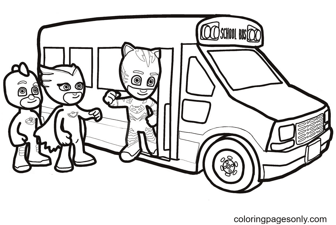 PJ Masks van a la página para colorear del autobús escolar