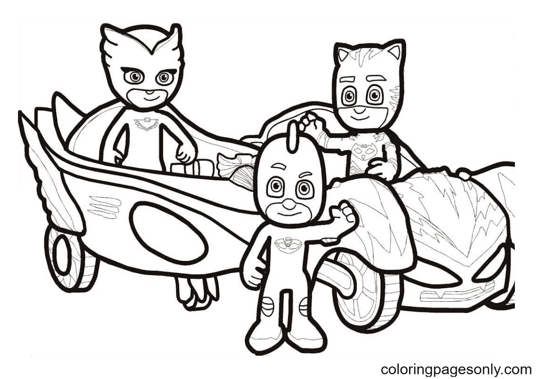 PJ Masks in their cars Coloring Pages