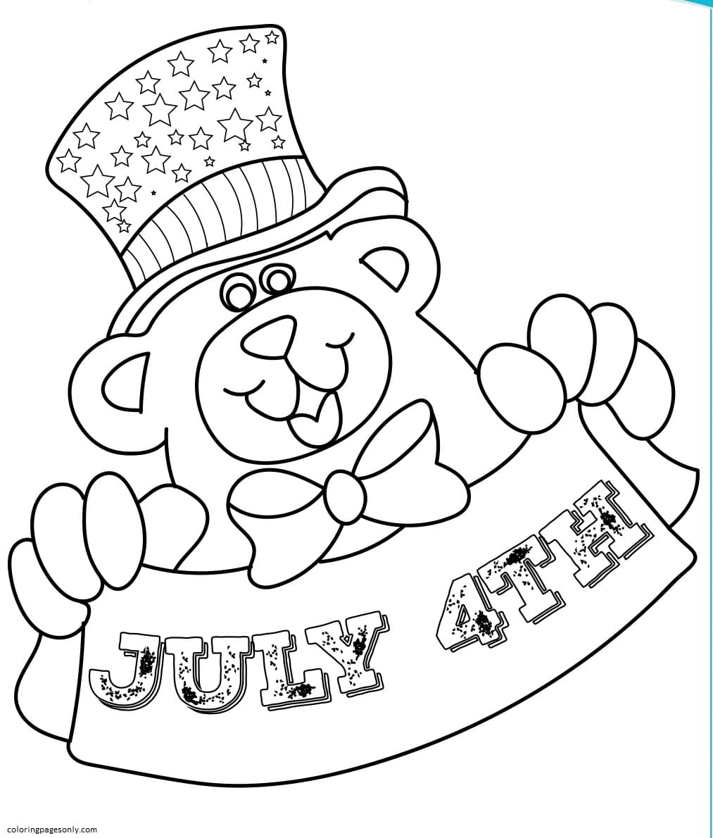 Patriotic Teddy Holding Banner Coloring Pages - 4th Of July Coloring