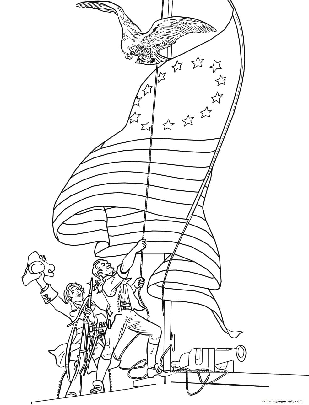 Patriots Raising An American flag Coloring Page