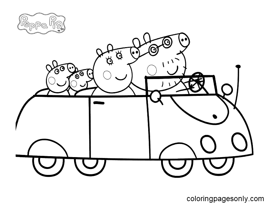 Peppa Familie op de auto van Peppa Pig