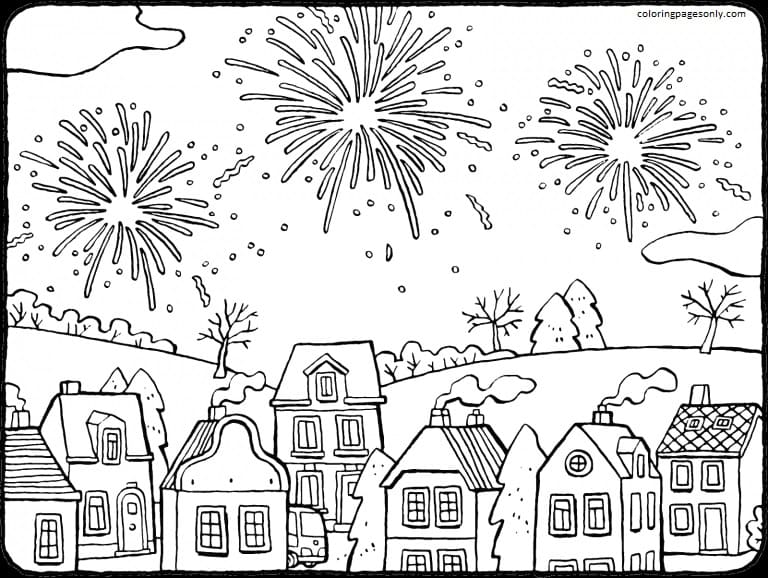 Pretty Fireworks Scene Coloring Pages