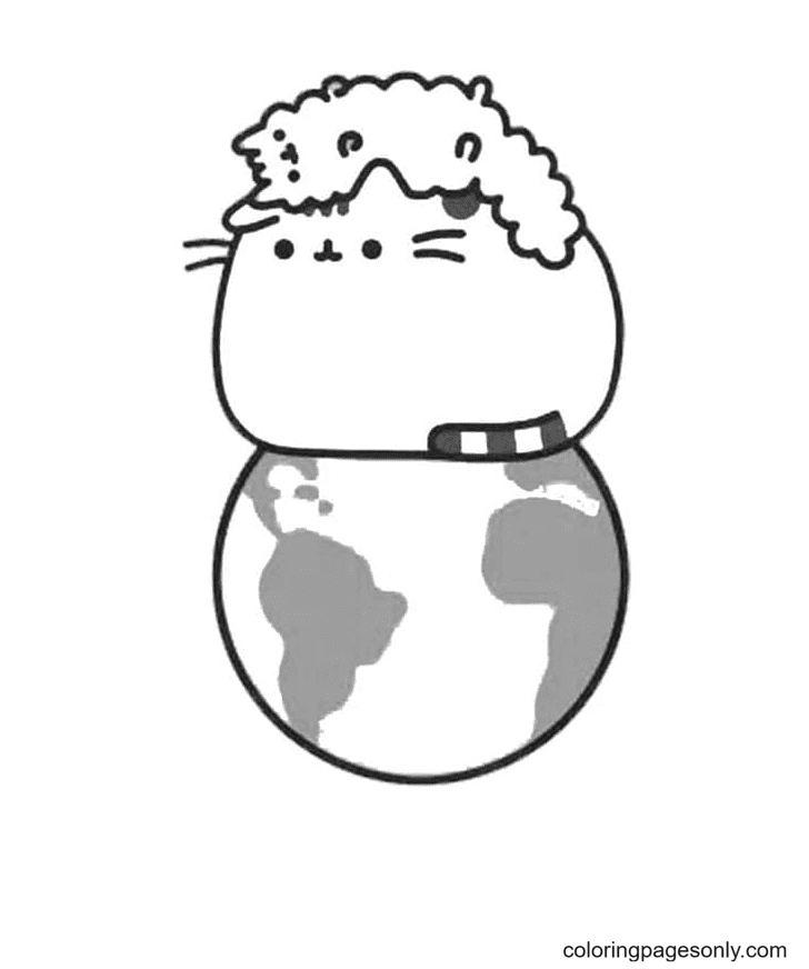 Pusheen and Earth Coloring Page