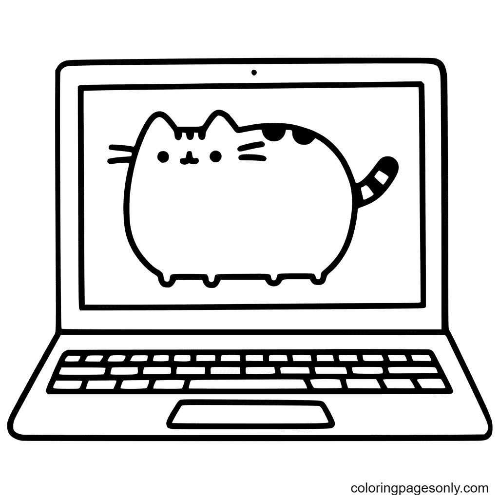 Pusheen On Laptop Coloring Pages