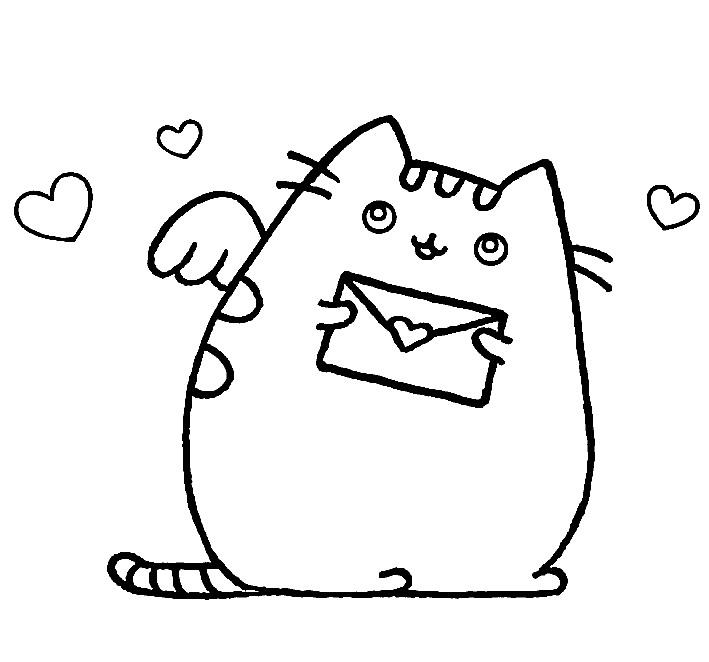 Pusheen with Love Letter Coloring Pages