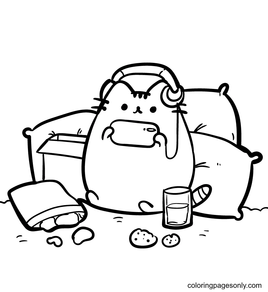 Pusheen with favorite snacks in chair and have some fun play phone Coloring Page