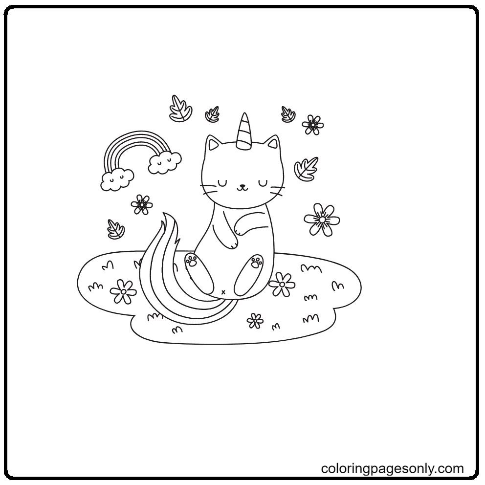 Раскраска Радужный кот-единорог