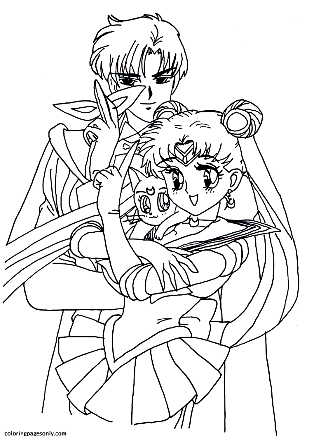 Sailor Moon And Tuxedo Mask With Luna Coloring Page