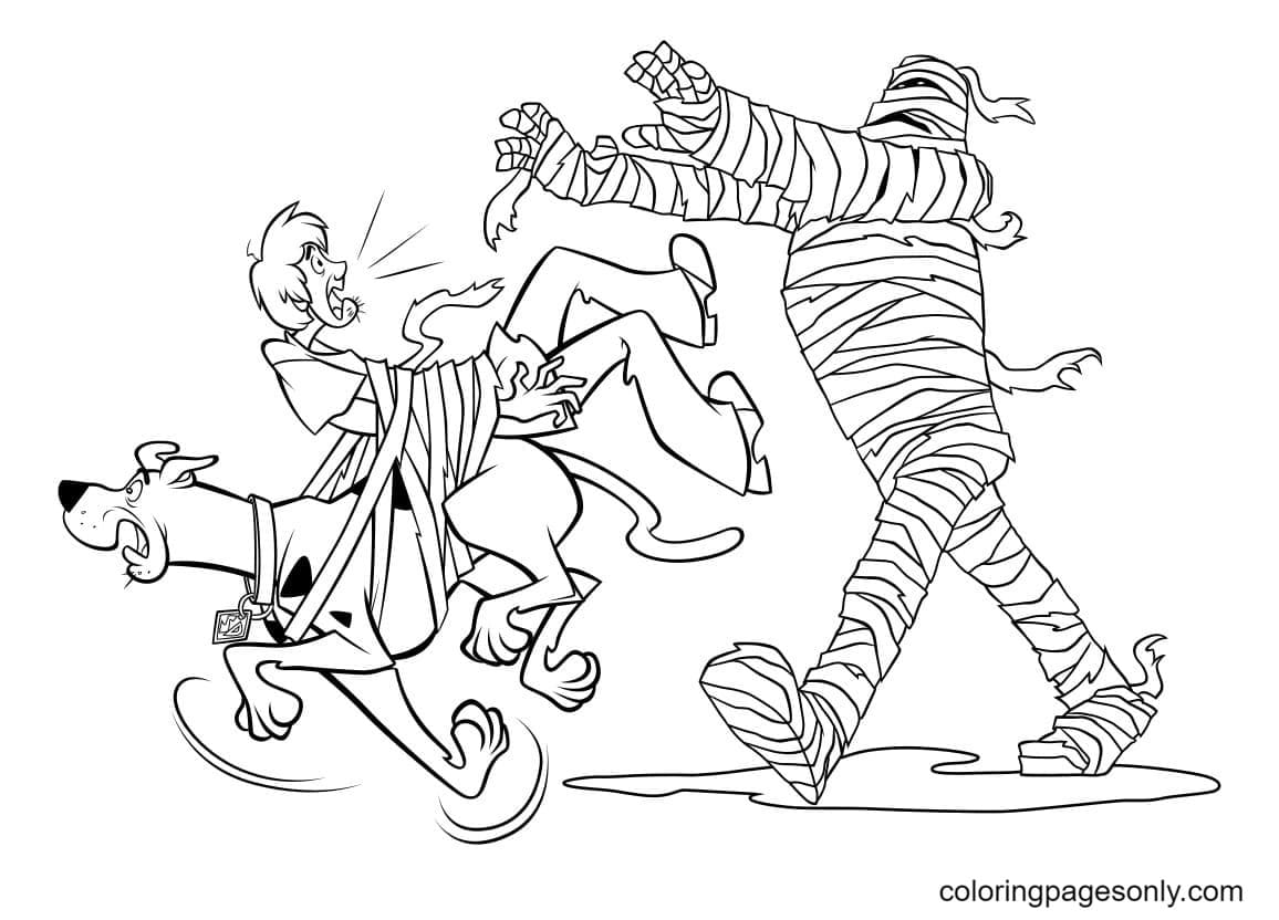 Scooby Doo And Shaggy escape from a huge mummy Coloring Pages