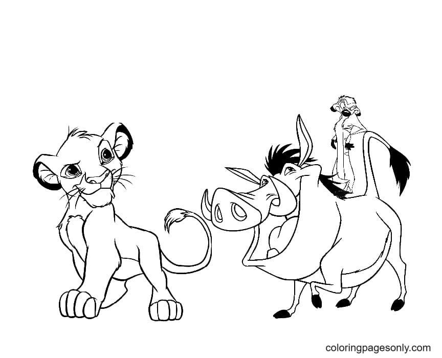 Pagina da colorare di Simba, Timon e Pumbaa