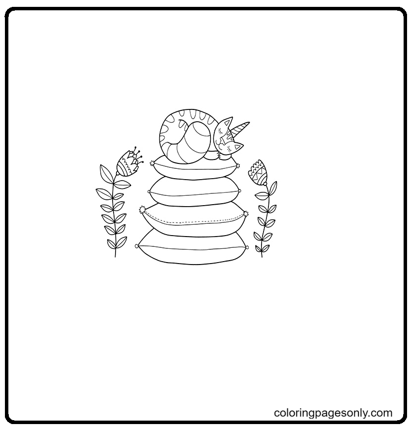 Sleeping Unicorn Cat On Pillows Coloring Page