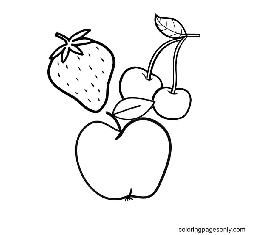 Раскраска клубника, вишня, яблоко