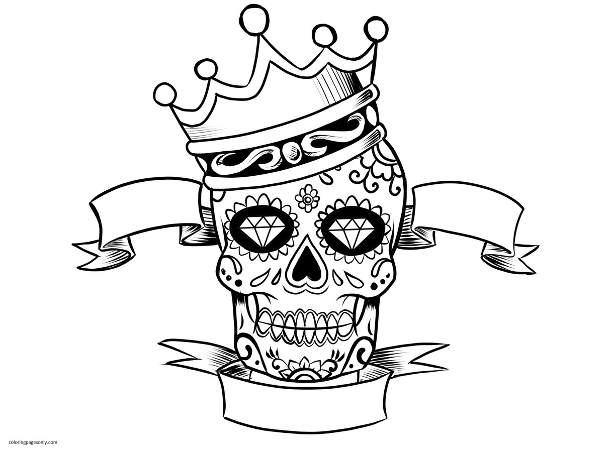 Sugar Skull with Crown Coloring Page