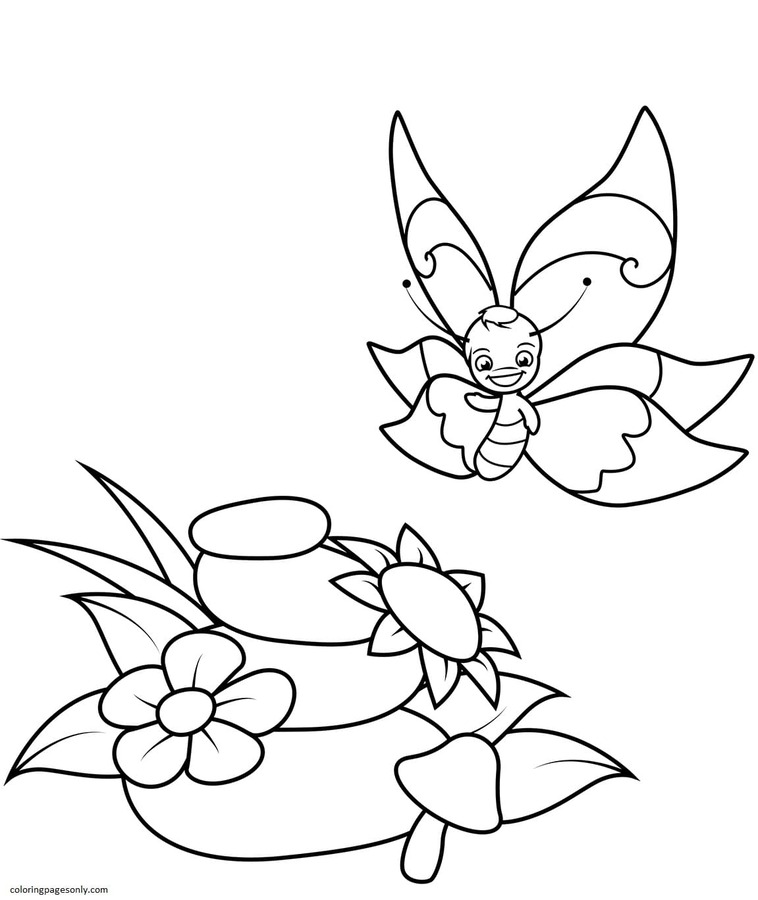 Sweet Butterfly and Pile of Rocks Coloring Page