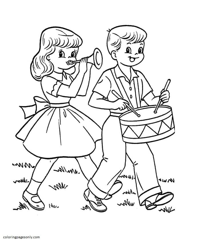 The Boy And Girl Playing Instruments Coloring Page