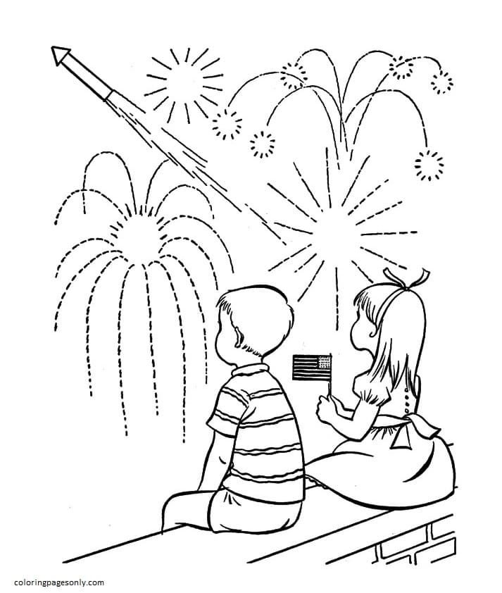 The Boy And Girl Watching Fireworks Coloring Page