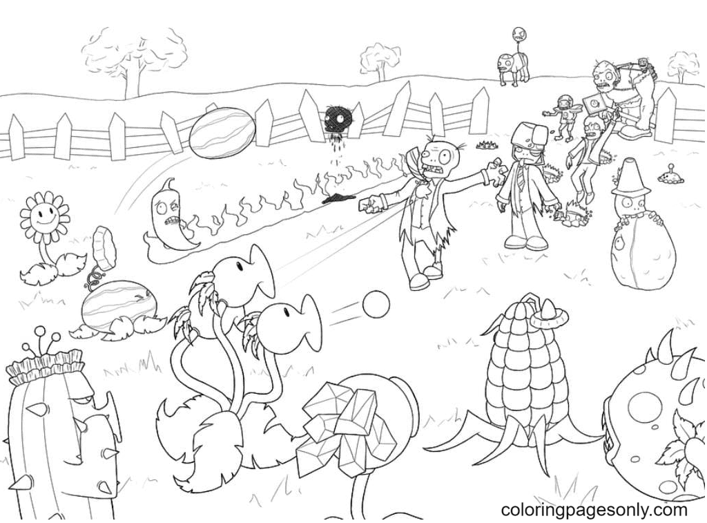 The battle of zombies and plants Coloring Page