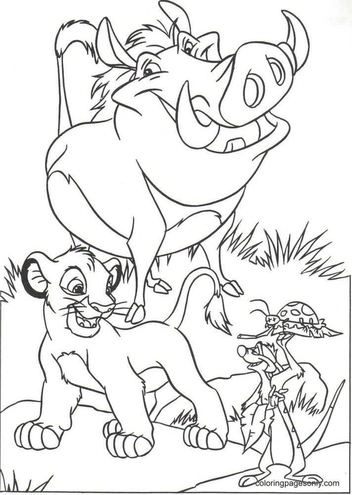 Timon, Pumbaa with their friend Simba Coloring Page