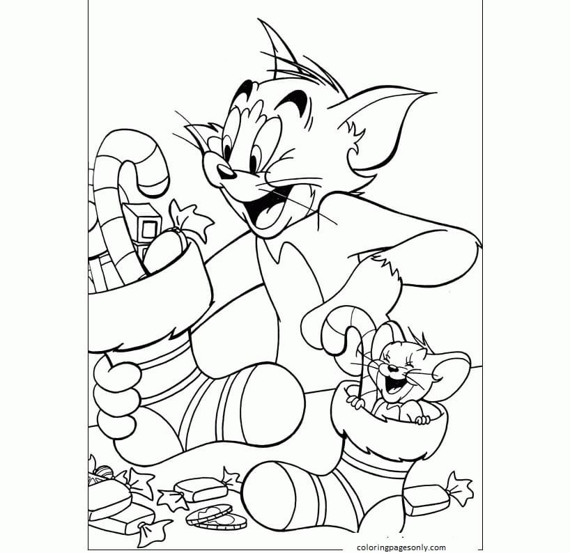 Tom And Jerry Celebrating Chirstmas Coloring Page