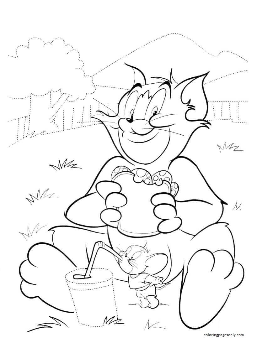 Tom is eating a Sandwich And Jerry is drinking a Cocktail Coloring Page