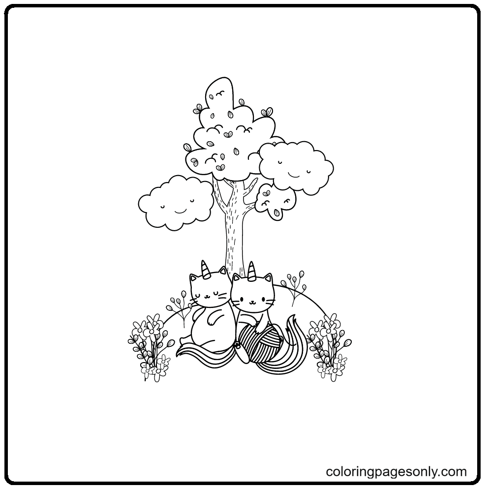 Two Unicorn Cat Sitting Under The Tree Coloring Page