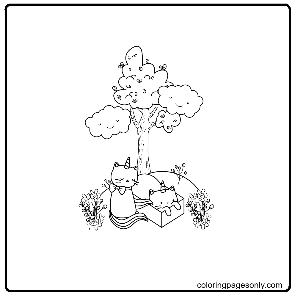 Two Unicorn Cat under the tree Coloring Pages