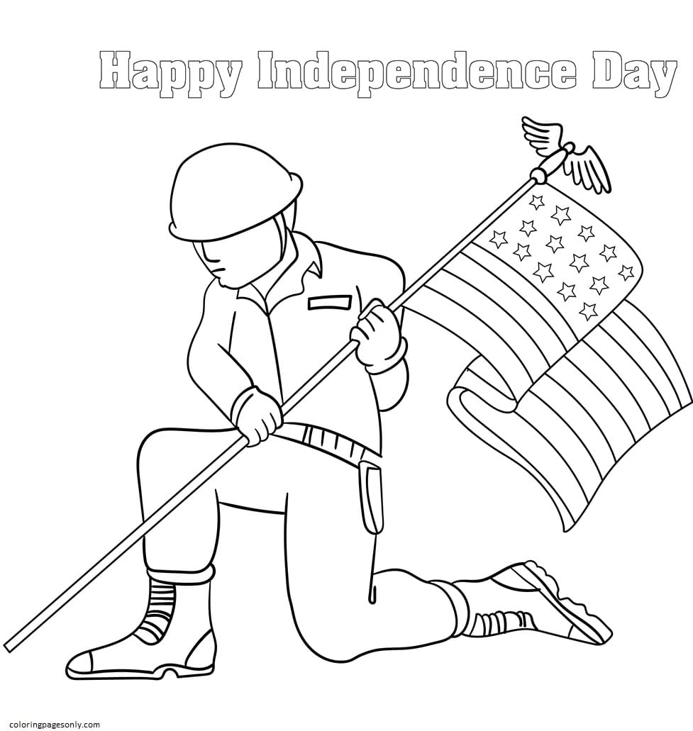 US Soldier with Flag In Hand Coloring Page