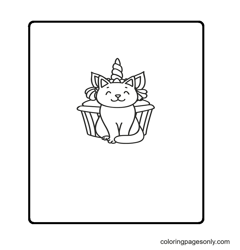 Unicorn Cat in Front of Cupcake Coloring Page