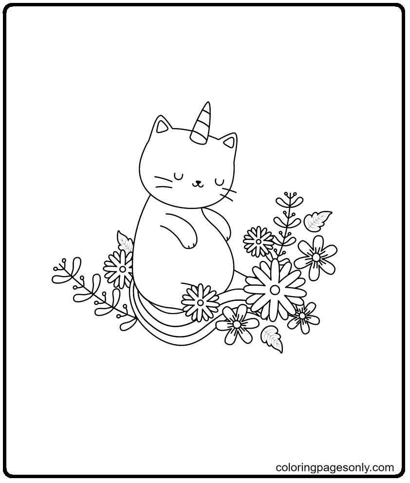 Unicorn Cat sleeping next to Flowers Coloring Page