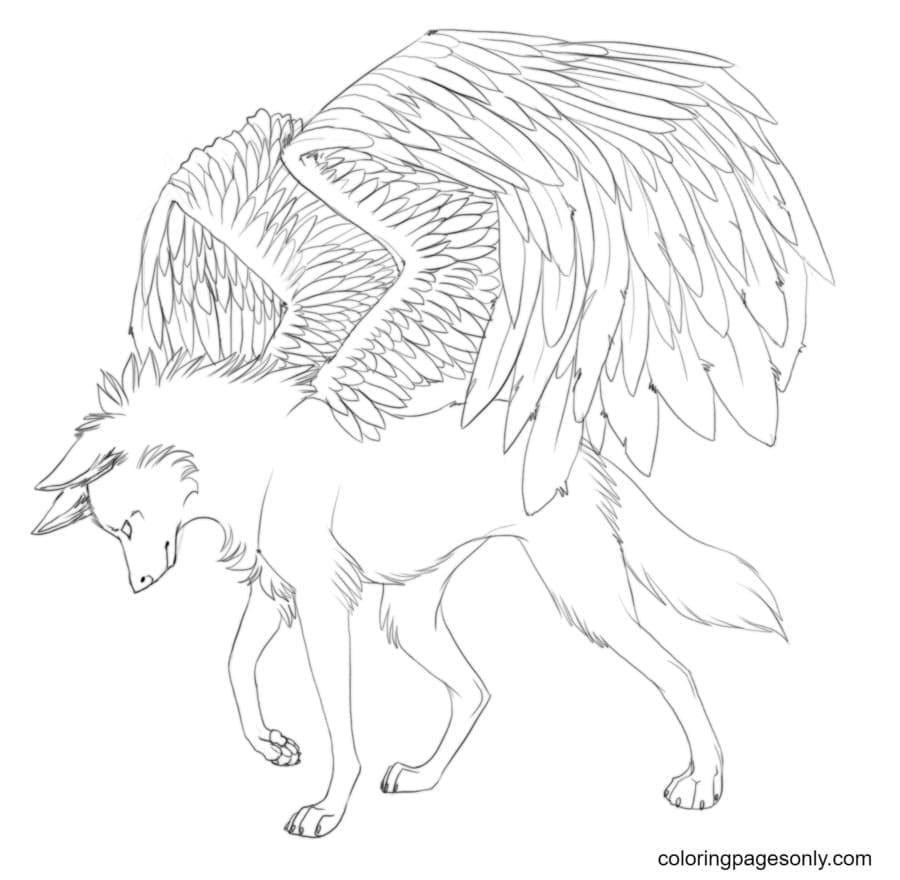 Winged wolf is sad Coloring Page
