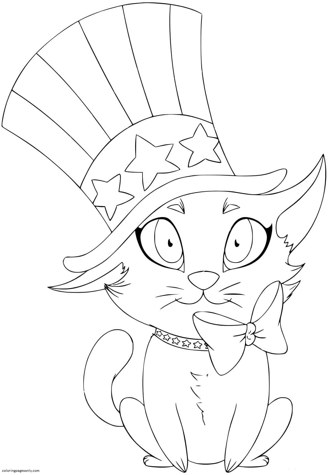 A Kitten Wearing a hat designed as the American Flag Coloring Pages