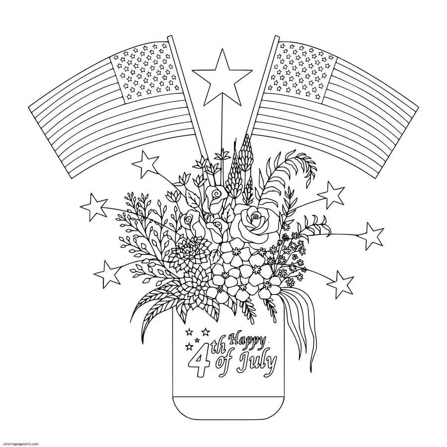 American Flags on flowers and decorations on a mason jar Coloring Pages