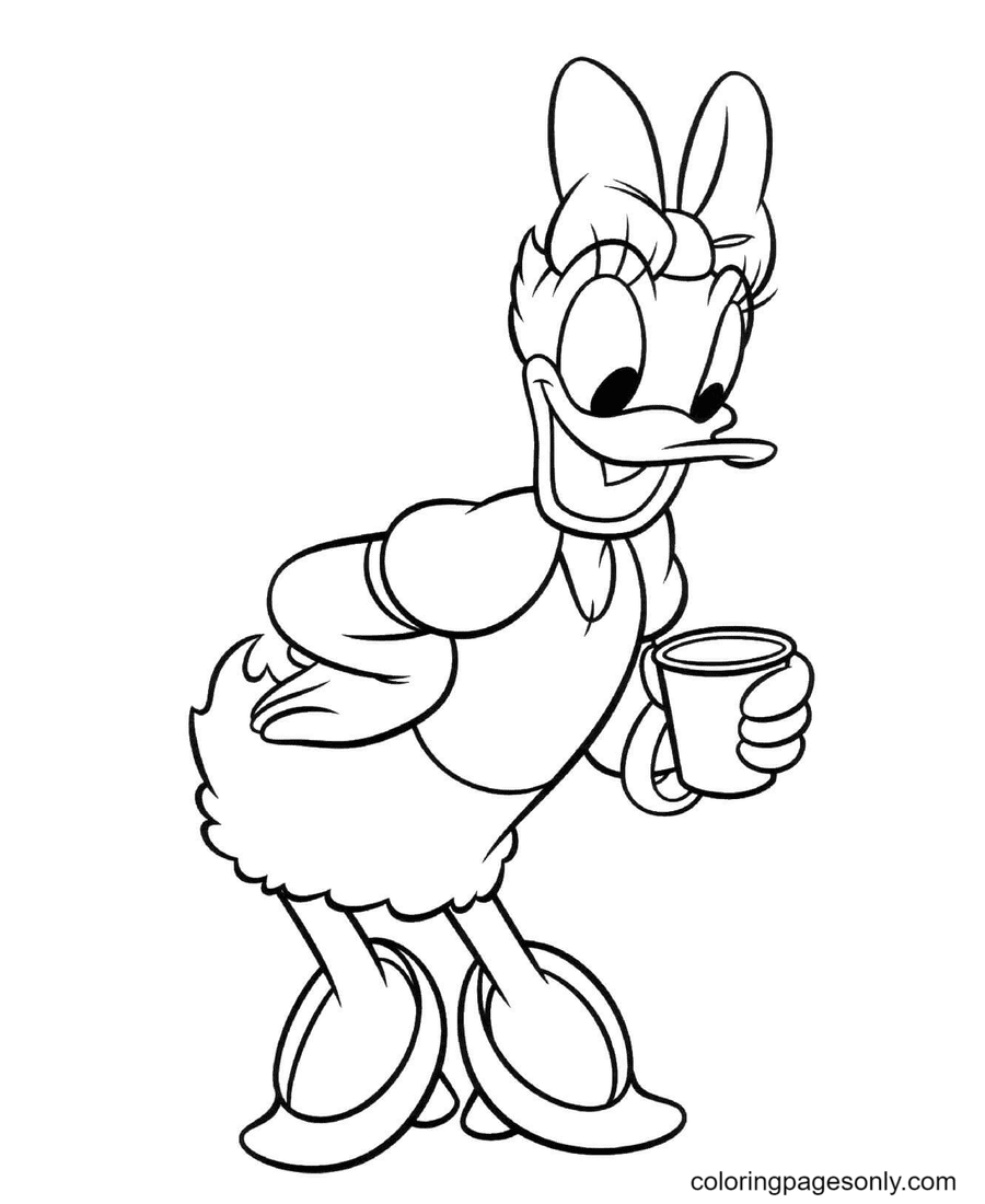 Une tasse de café dans les mains d'un canard de Daisy Duck