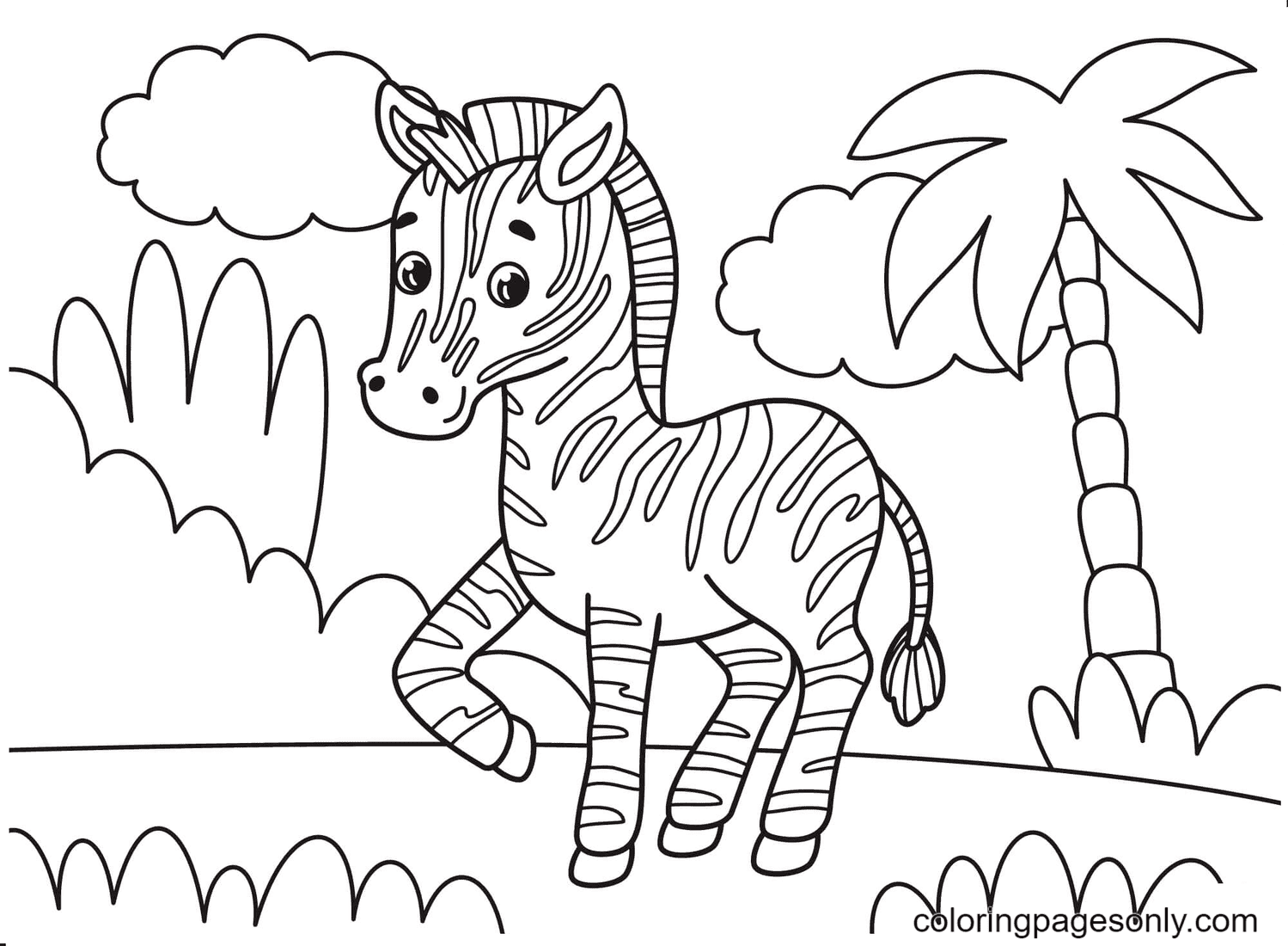 Een schattige zebra in het bos kleurplaat