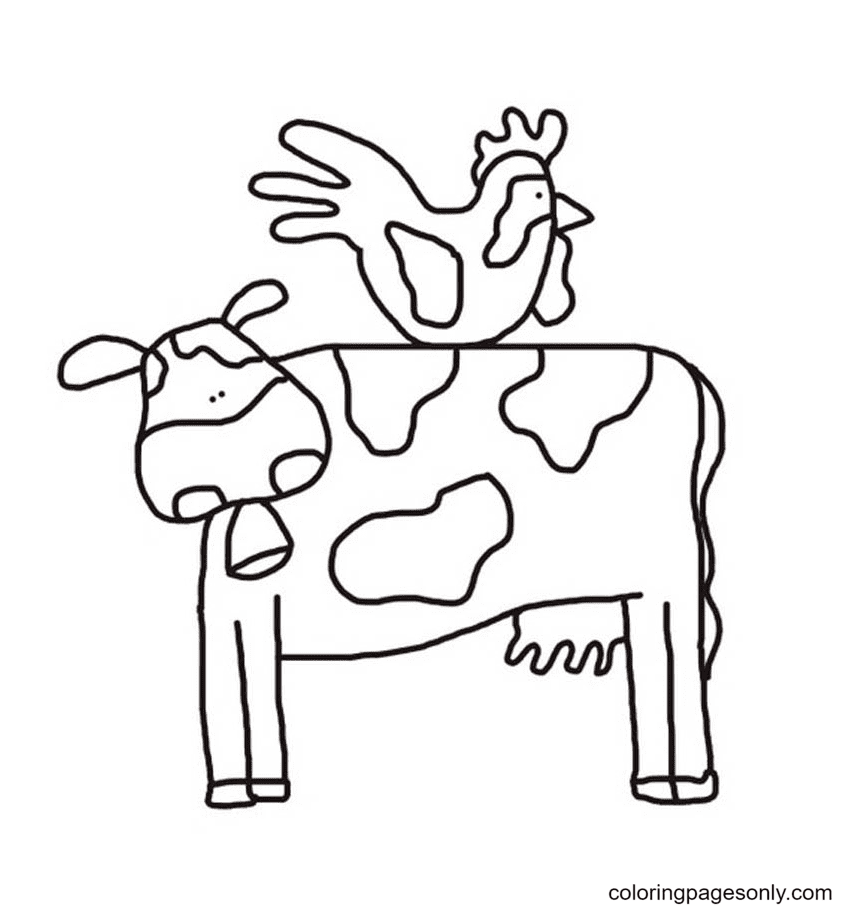 A Spotted Cow With A Bell And A Rooster On Back Coloring Pages