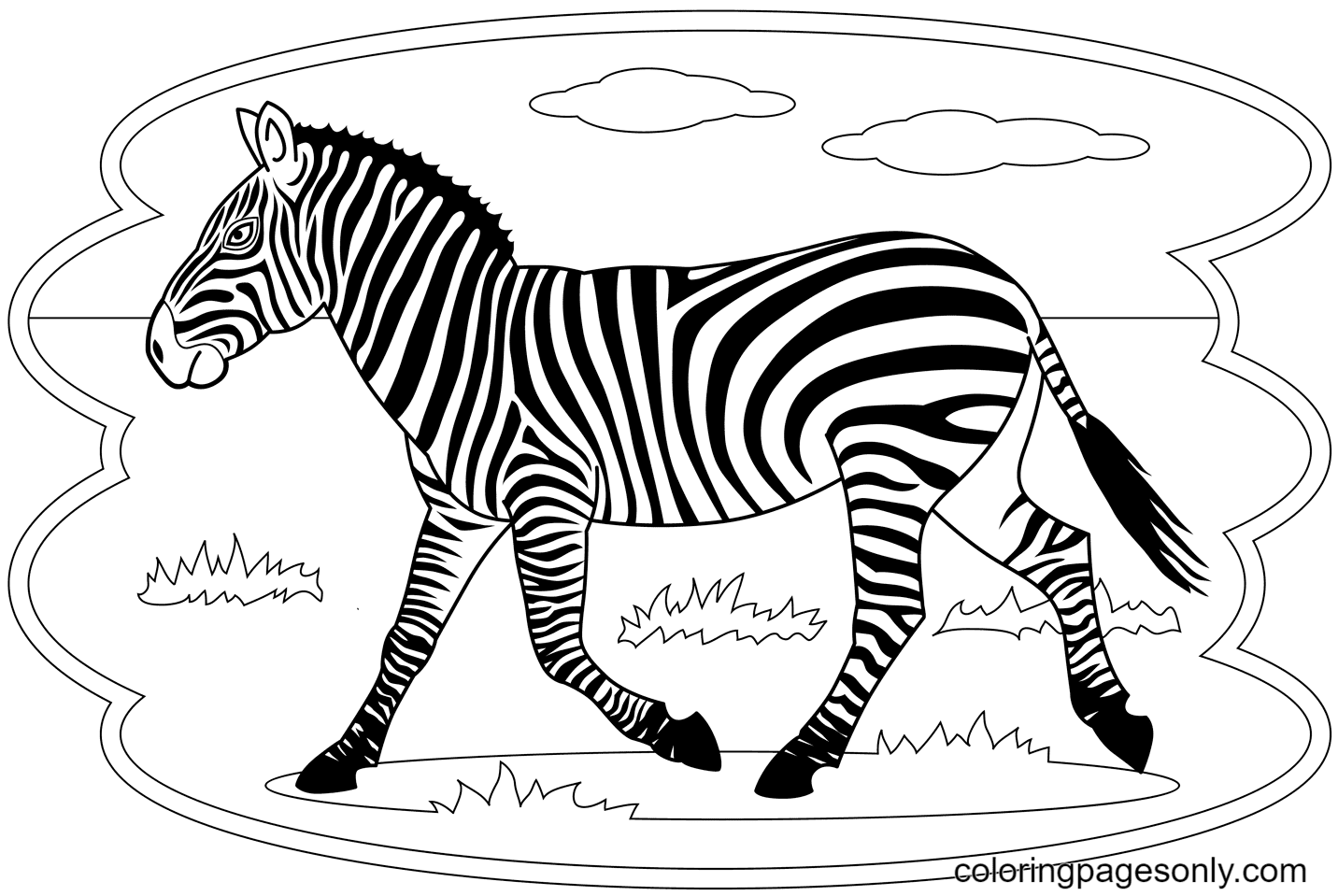 A Zebra walking in The Meadow Coloring Page