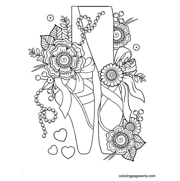 Ballerina Pointe Shoes Among Stylized Flowers Coloring Pages