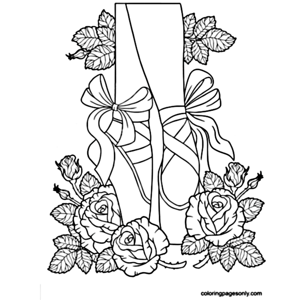 Ballet in pointe Shoes among the Flowers of Roses Coloring Pages