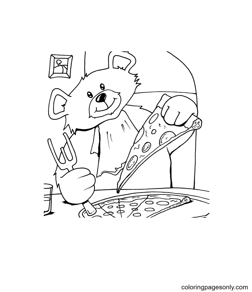 Bear eats Pizza Coloring Page