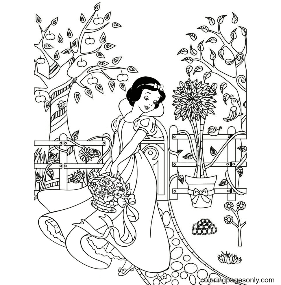 Desenho de Linda princesa Branca de Neve segurando uma cesta de flores