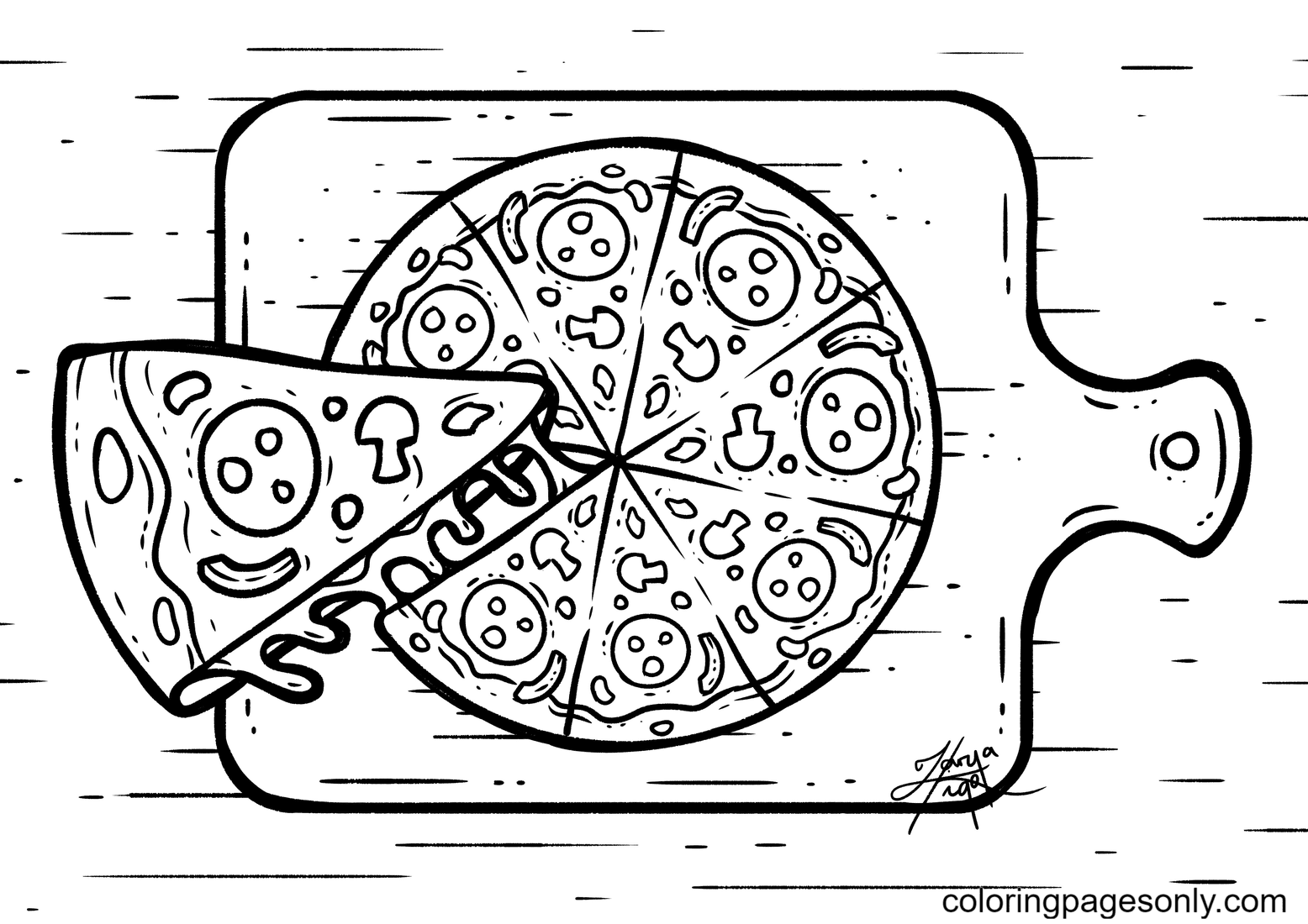 Página para colorear de pizza con queso y pepperonis, champiñones