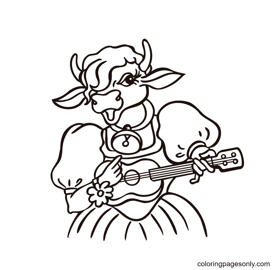 Desenho de Vaca Tocando Guitarra para Colorir