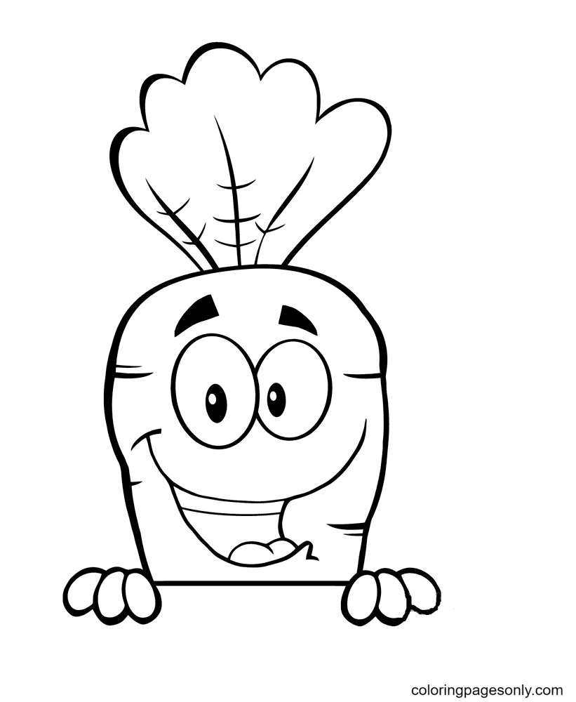 Милый счастливый мультяшный морковный персонаж раскраски страницы