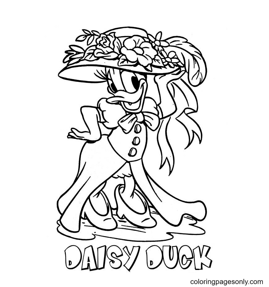 La Pata Daisy con un hermoso sombrero con tema floral de Daisy Duck