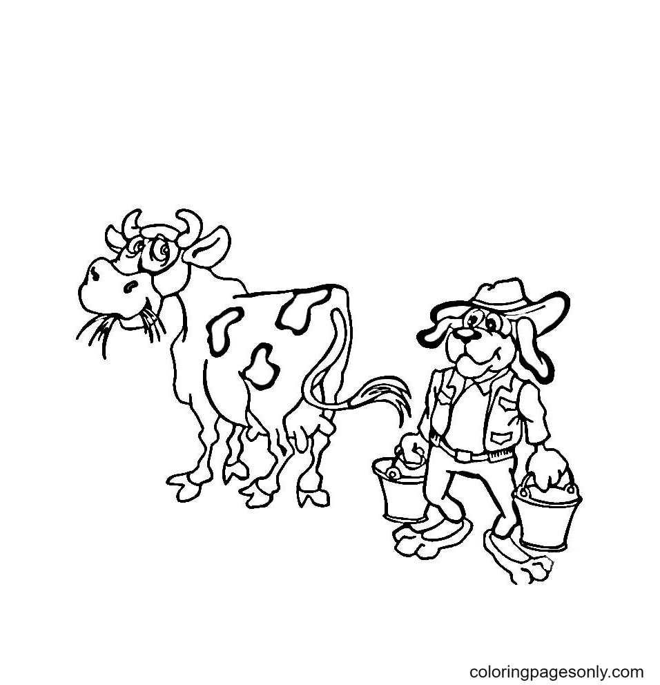 Dog Farmer And Cow Coloring Page