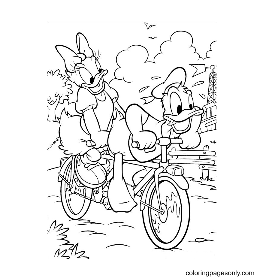 Раскраска Дональд и Дейзи на велосипеде