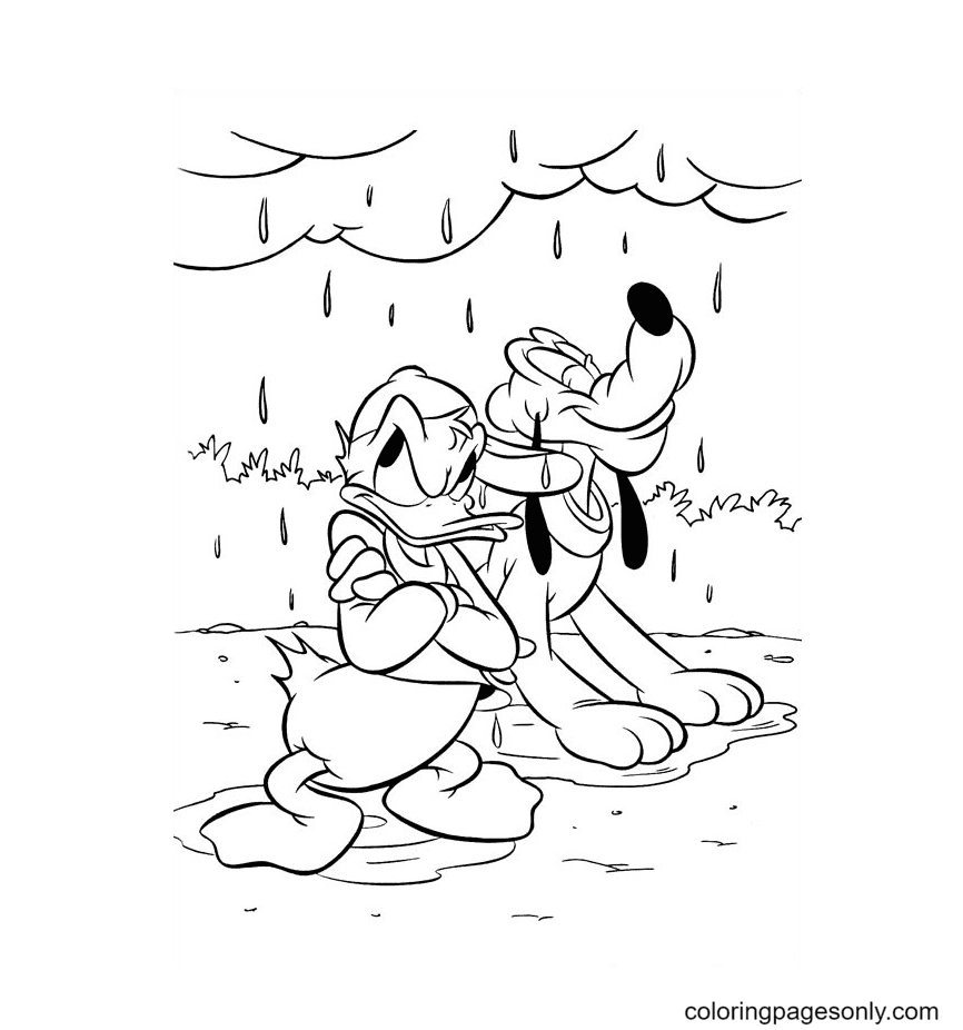 Donald And Pluto In The Rain Coloring Page