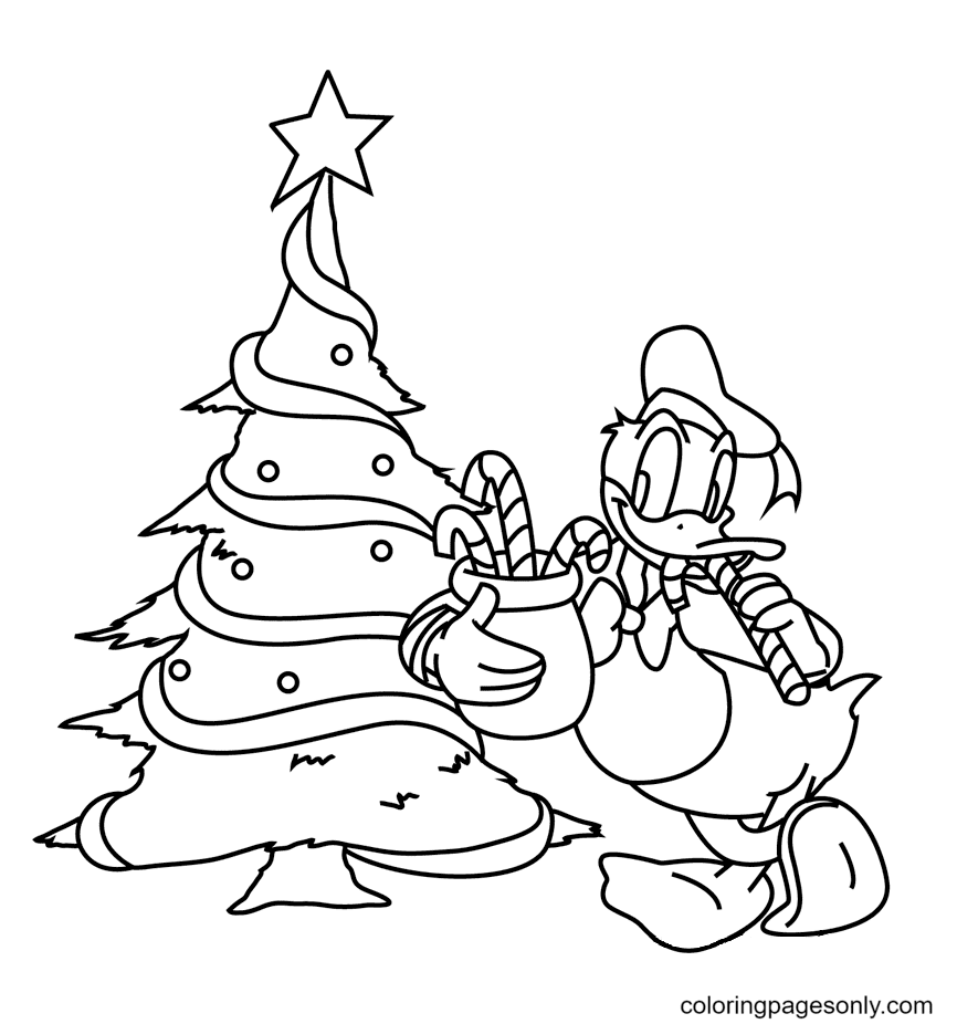 Donald Duck And Christmas Tree Coloring Page